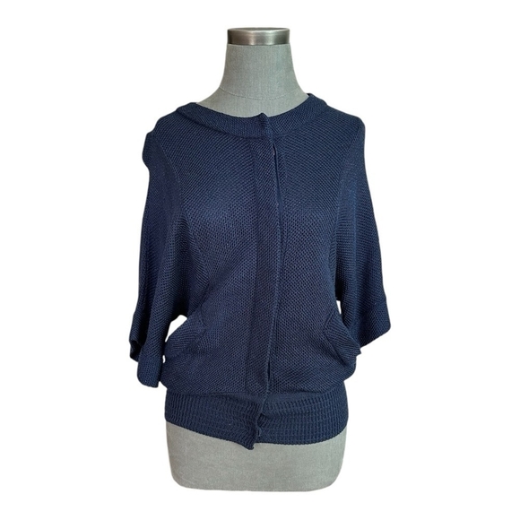 Women Sweater Navy Blue Rayon Blend Short Sleeve Cardigan Button Front Sweater - Picture 2 of 6